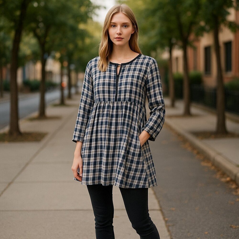 Paper Crane Long Sleeve Plaid Casual Criss Cross Strap Back Dress- size M